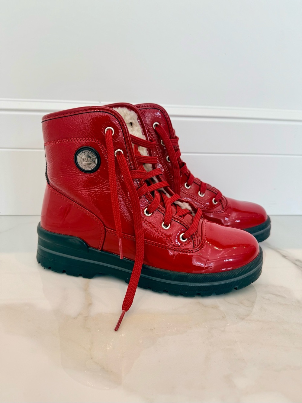 Shiny Red Women’s Lace-Up Winter Boots with Faux Fur Lining